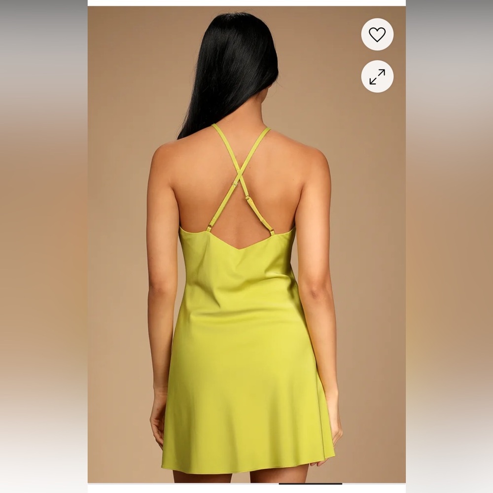Lulus Rooftop Party Chartreuse Satin Halter Mini Dress - Picture 2 of 5